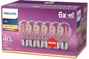 Philips ampoule LED Standard E27 40W Blanc Chaud Claire, Verre, Lot de 6