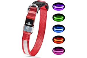 MASBRILL Collier Lumineux pour Chien Rechargeable, LED Collier Chien Etanche et Réglable 3 Modes d'éclairage, LED Clignotant Collier de Sécurité pour Petits Moyens Grands Chien(Rouge, S)