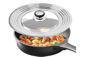 HOMURY Uniwersalna pokrywka do patelni, 24 cm – 30 cm, szklana pokrywka do garnków, z krawędzią ze stali nierdzewnej i otworem na parę, uniwersalna pokrywka, do patelni, woków, parowarów – srebrna