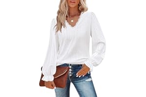 Flikity Classy Tops for Women Lace V Neck Ladies Tops Puff Long Sleeve Eyelet Tops Dressy Casual Outfits Work Clothes Women's Blouses and Shirts