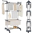 YORKING Upgrade 4 Tier Clothes Drying Rack, Indoor Folding Clothes Airer 18M Drying Space Laundry Rack Hanger With 6 Casters, Large Clothes Dryer Folds Flat For Easy Storage