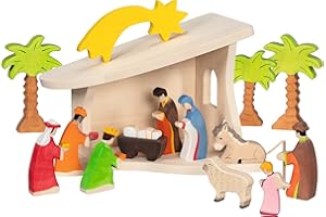 HOLZTIGER 80617 - Stall Krippe aus Holz, handgearbeitetes Holzspielzeug aus Ahorn, inkl. Weihnachtsstern, Farben auf Wasserbasis, fördert Fantasie & Kreativität, MADE IN EUROPE, 40x25x29cm, ab 3 Jahre