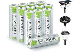 BEVIGOR Solar AA Rechargeable Batteries, 12 Pack 1000mAh 1.2V NiMH 1300 Cycles High Capacity AA Batteries Pre-Charged for Landscape Path Lights,Pathway Lights,String Lights,TV Remotes