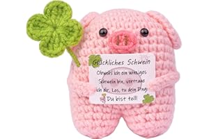 ‎MWMOEEN Mwmoeen Pocket Hug Gestricktes Minischwein, Kreative Strickwolle Glücksschwein mit Vierblättriges Kleeblatt, Viel Glück Geschenk, Mutmacher Geschenk für Freundin Frau Mama