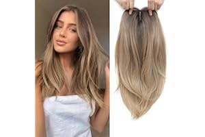 Peonymebeauty Brown Blonde Hair Topper for Women, Synthetic Hair Toppers for Women Wavy Straight 18 Inch 6.5"X6.5" Big Base Hairpieces Add Volume(Brown Blonde with Dark Root)