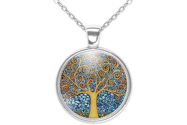 Collier fantaisie pour femme, cabochon en verre, sautoir illustré argenté, vintage, rétro, original, Klimt, parure « l’arbre de vie », arbre, décoration, tableau, bleu, jaune (ref.59a)