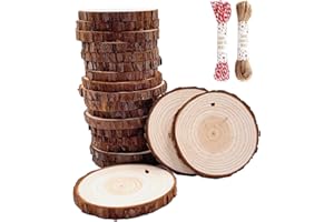 WILLIAM CRAFT Rodajas de Madera Círculos 9-10 cm 20 pcs Discos de Madera Rebanada 10m Cuerda de Cáñamo Maderas Naturales Perforado Con Corteza de Árbol Para Manualidades