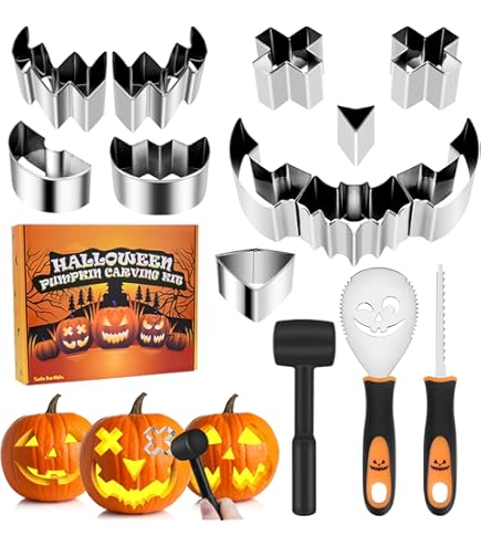 Halloween Kürbis Schnitzset 7-teilig - Edelstahl Werkzeuge Mit 4 LED Kerzen Für Gruselige Dekoration