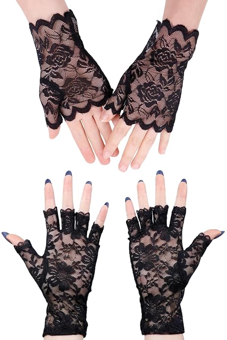 Gants Sans Doigts Dentelle Longs Femme LOZTBUE - Noir, Maille Polyester Pour Mariage, Soirée, événements