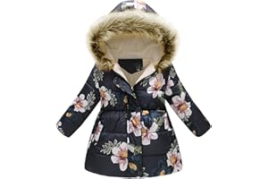 amropi Mantel Mädchen Geblümt Winterjacke mit Fellkapuze Warme Wintermantel Kinderjacke für 2-10 Jahre