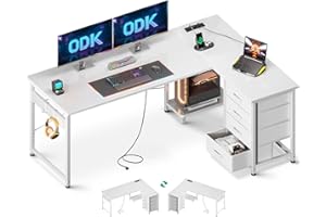 ODK Biurko narożne z 4 szufladami, biurko w kształcie L z gniazdkiem i portem USB, Odwracalne biurko z miejscem do przechowywania do home office (Białe, 155×110 cm)