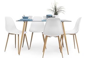 Homely - Conjunto de Comedor Cairo Nordic | Mesa + 4 sillas | Diseño Nórdico | Comedor, Salón, Cocina, Sala | Mesa de Cristal de 120x79,5 cm | 4 sillas nórdicas Color Blanco