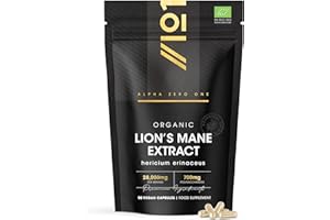 Organic Lions Mane Supplement 28,000mg – 50% Polysaccharides (700mg) – 90 Vegan Capsules – High Strength Mushroom Supplement – Resealable and Recyclable Pouch – by Alpha01
