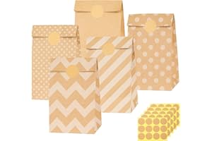 CSYY 50 brązowych torebek papierowych z 60 naklejkami, papierowymi torebkami do pakowania prezentów świątecznych, prezentów urodzinowych dla dzieci