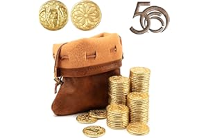 Byhoo DND Set di Monete in Metallo Fantasia con Borsa in Pelle, gettoni Gioco da Tavolo, Tesoro e Oggetti di Scena retrò, 50 Monete d'oro magiche DND per Giochi di società TRPG