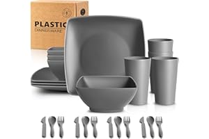 Teivio 12-Piece Square Plastic Plates Bowls and Cup Set with Cutlery, Kitchen Dinner Set Service for 4, Dinner Plate/Bowl/20 oz Cup/Knife/Fork/Spoon, Unbreakable Outdoor Camping Dishes, Gray
