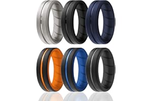 ROQ Silicone Rubber Wedding Ring for Men, Comfortable, Men's Wedding Band, Breathable Rubber Engagement Band, 2 Thin & Middle Lines, Beveled Edge & Engraved Duo, Multi Packs, Multi Colors