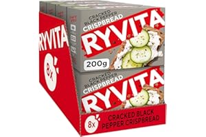 Ryvita Cracked Black Pepper Crispbread | Low Fat | Healthy Snack | High in Fibre | 8 PACKS of 200g