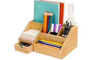 Cinnani Organiseur de Bureau en Bambou Avec Tiroir - Boîte à Stylos, Plateau et Rangement Multifonctionnel pour Papeterie