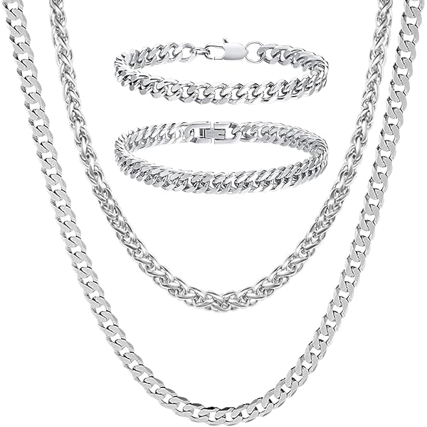 Kim Johanson Roestvrij stalen koningsketting voor heren, set in zilver, armband en halsketting, brede ketting voor mannen, waterdicht, dikke armband, verschillende lengtes, 5 mm breed, massieve