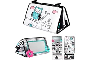 AIPINQI Tummy Time Floor Mirror,High Contrast Developmental Montessori Sensory Crawling Toy for Newborn,Flip For Art Black and White Floor Activity Mirror for infant with Teether(Owl)