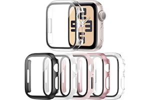 Haojavo 5 sztuk etui ochronne z twardego poliwęglanu do Apple Watch serii SE/SE 2/6/5/4 44 mm, iWatch, ze szklaną ochroną wyświetlacza, folia ochronna, szkło hartowane, całkowita osłona bez