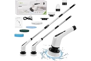 TOWWOO 7 In 1 Cepillo de Limpieza Inalámbrico, 300-400 RPM Rotación de 360° Cepillo Electrico Limpieza Hogar con 7 Puntas Reemplazables y Extensión de 30-137cm para Limpieza de Casa Baño, Cocina, Coche