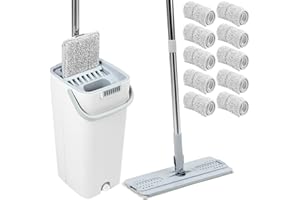 QWORK® Zestaw mopa i wiadra, wielofunkcyjny system czyszczący dwukomorowy, z 10 podkładkami z mikrofibry i uchwytem o długości 120 cm