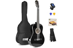 MAX SoloArt - Chitarra classica con corde in nylon per principianti adulti - chitarra fenicottero, con custodia, accordatore, plettro e accessori - chitarra spagnola 4/4 in colore nero