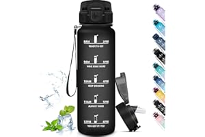 Grsta Gourde 1l, Gourde Sport Anti-Fuite, Gourde avec Paille pour Randonnée, Gourde Motivation avec Marqueur de Temps, Gourde Adulte, Facile à Transporter, pour Running, Vélo, Camping, Noir