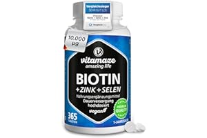‎VITAMAZE - AMAZING LIFE Biotin hochdosiert 10.000 mcg + Selen + Zink für Haarwuchs, Haut & Nägel, 365 vegane Tabletten für 1 Jahr, Nahrungsergänzung ohne Zusatzstoffe, Made in Germany