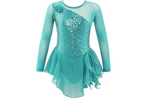 Agoky Kids Girls Figure Ice Skating Dress Shiny Rhinestones Mesh Splice Long Sleeves Ballet Gymnastic Leotard Dress