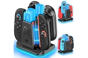 RYSKER 8 in 1 Base di Ricarica per Controller Joy-Con Switch 2/Originale/OLED Edition, Magnetica Caricatore per Switch 2025 con 9 Luce RGB, Rapida Stazione di Ricarica Nintendo Switch con Cavo di Ricarica