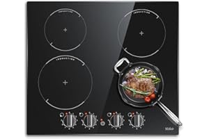 HOBSIR HOB Induction Hob Black Glass Electric Cooktop Built-in 4 Zone Electric Hob with Knob 60cm, 7200W, Hard Wire, No Plug Included
