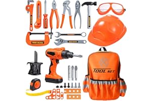 LATERN 32 Pezzi Giocattolo per Attrezzi da Costruzione per Bambini Incluso Zaino Trapano Elettrico Mandrino Sega Bit Casco Chiave Inglese Pinze Cacciavite Metro a Nastro per Costruzione Fai Finta