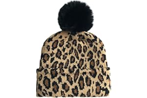 KRUIHAN Cappello Donna Invernale Cappello a Pompon da Donna Cappello Termico a Doppio Strato Cappello con Stampa Leopardata Cappelli a Maglia da Donna,Regalo Natale Donna