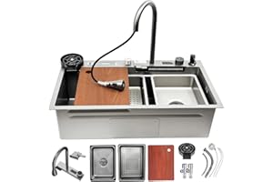 KOOGIMDDR 75x45cm Lavello A Cascata Multifunzionale Da 13 Pezzi Set Lavello Da Cucina In Acciaio Inossidabile Con Rubinetto Estraibile Con Display Digitale Postazione Di Lavoro A Vasca Singola