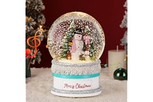 Lewondr Globo Cristal Nieve Navideño, Base de Pastel y Muñeco de Nieve con Sombrero Formal Negro, Spinning Glow y 8 Canciones, Caja Musical Árbol Navidad, Alimentado por la Batería Lámpara de Navidad