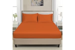 CHARKHAH Polycotton Fitted Sheet for Single Double King Super King Bed 200 Thread Count Anti Wrinkle Plain Bedding 25 cm Extra Deep Fitted Sheets Cover with Elastic Edges (Orange, King)