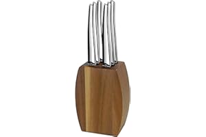 Lou Laguiole - Bloc en bois d'acacia avec 6 couteaux steak - Jet - Acier inoxydable 13 C, Finition Miroir - 9 x 5 x 12 cm - Bois