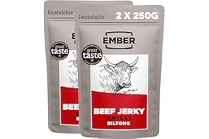 Ember Snacks: Biltong Beef Jerky Chilli Flavour (2 x 250g = 500g total) - Protein Keto Snacks, Bulk Bags - Resealable for On The Go Snack - From British and Irish Meat