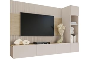 Mirjan24 Wohnwand Deromi, Anbauwand mit Wandpaneele und TV-Lowboard, Akustikplatten, Fernsehschrank, Schrankwand, Mediawand, TV-Lowboard (Sandbeige + Eiche Cremona, 1x Hängeregal)