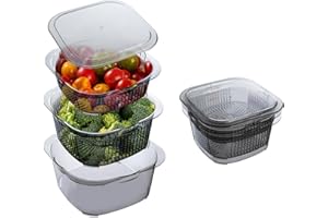 SHIMOYAMA Vegetable Washing Basket, 2.3L Plastic Kitchen Colander Strainer Set with Lid, 3-in-1 Mulfunctional Drain Basin Washer for Food Fruit Cleaning Storage, Clear Black