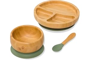 Bubba Bear ® Ensemble de sevrage pour bébé | Assiettes, bols et cuillères en bambou pour l'alimentation LED des tout-petits | Ensembles d'assiette, de bol et de cuillères pour bébés (Dinosaure Vert)