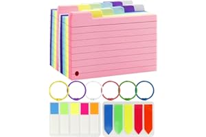 Shinybox Cartoncini per Schedari, 300 Pezzi Carte da Record Rigate e 6 pezzi di Anelli, Schede di Revisione a Righe Colorate Regolate e 200 Note Adesive per Indice, Linee Colorate per Ufficio Scuola