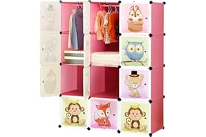 BRIAN & DANY Armadio Modulare Bambini, Portatile Guardaroba, Armadietto in Moduli Plastici, 8 Cubo e 2 Aree di Sospensione, Rosa, 110 x 47 x 147 cm
