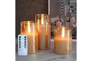 NICE POINT Bougie sans flamme LED, bougie en cire véritable rechargeable avec télécommande et minuterie, bougies électroniques en verre clair doré pour la décoration d'intérieur, lot de 3
