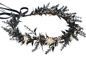MOSTORY Fairy Floral Headband Dead Flower Crown Headpiece Woodland Black Leaves and Gold Daisy Head Garland Baby Breath Gothic Hair Wreath For Women Girls Wedding Bridal Beach Bohemian Accessories