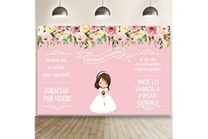 Renaiss 1.8x1.2m Primera comunión Bandera de decoración de Fiesta para niñas Flor Rosa Fondo Fiesta de Bautismo Recién Nacido Bebé Niños Cumpleaños Banner de Mesa de Pastel Accesorios para Fotos