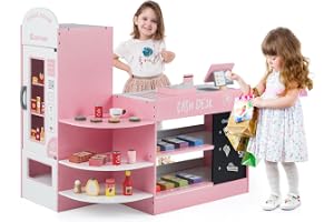 GOPLUS Barnvarubutik, stormarknad av trä, köpmansbutik med kassa, POS-automat och automat, shoppingbutik, rollspel med 15 til